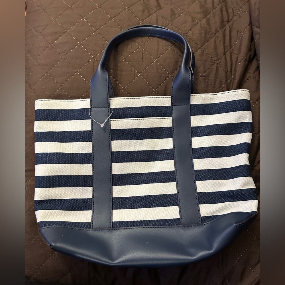 MICHAEL KORS FULTON CANVAS STRIPED‎ MED TOTE SHOULDER BAG NAVY AUTHENTIC. - Picture 2 of 7